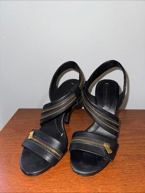 BCBG Black Zipper-Accent Slingback Heels